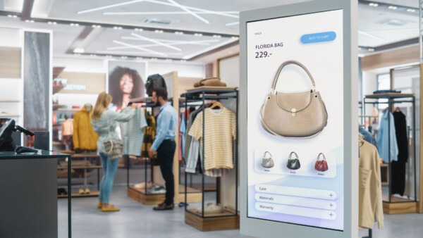 Shot of a Floor-Standing LCD Touch Screen Display with User Interface of Online Clothing Shop Standing in Clothing Store Self service Checkout with Hand Bag Diverse People in Shop Buying Clothes