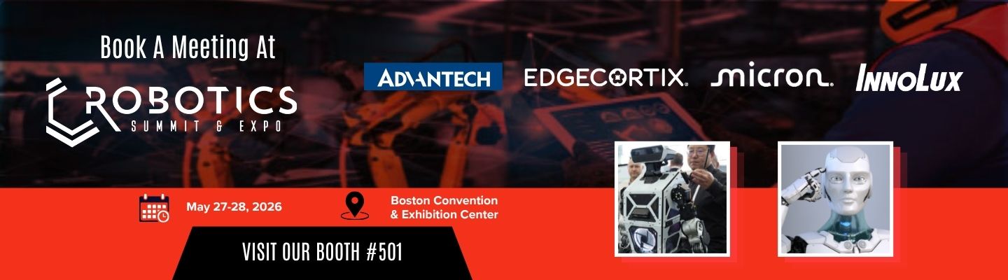 Robotics Summit & Expo banner with sponsor logos, event dates May 27–28, 2026, Boston Convention Center, and booth 501.