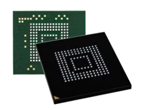 Two square integrated circuit chips, a green circuit board with a square chip and a black chip with a dotted inner square overlapping.